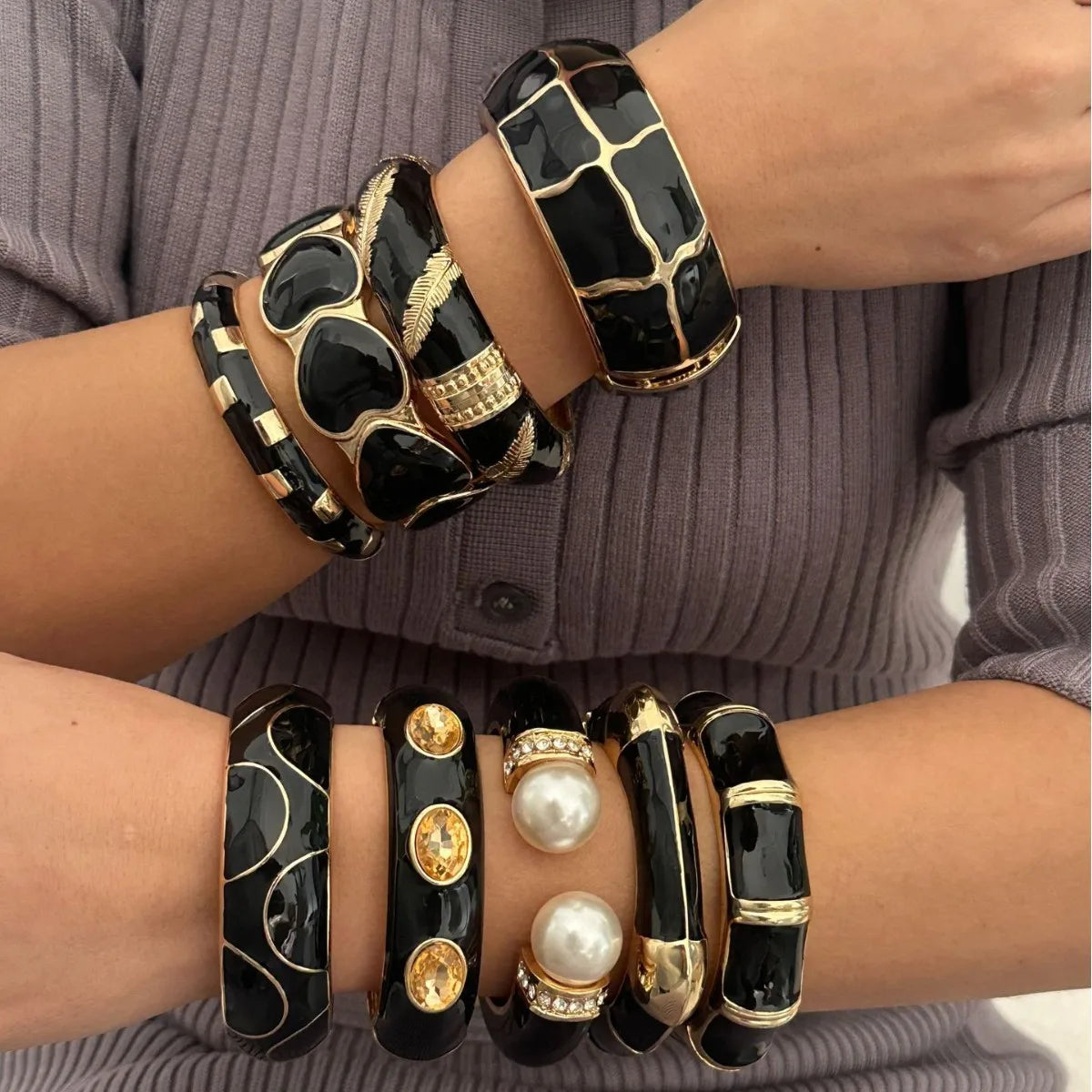 KMVEXO Black Imitation Enamel Shape Round Metal Wide Bangles for Women Geometric Irregular Spring Bracelet Pulseras Jewelry