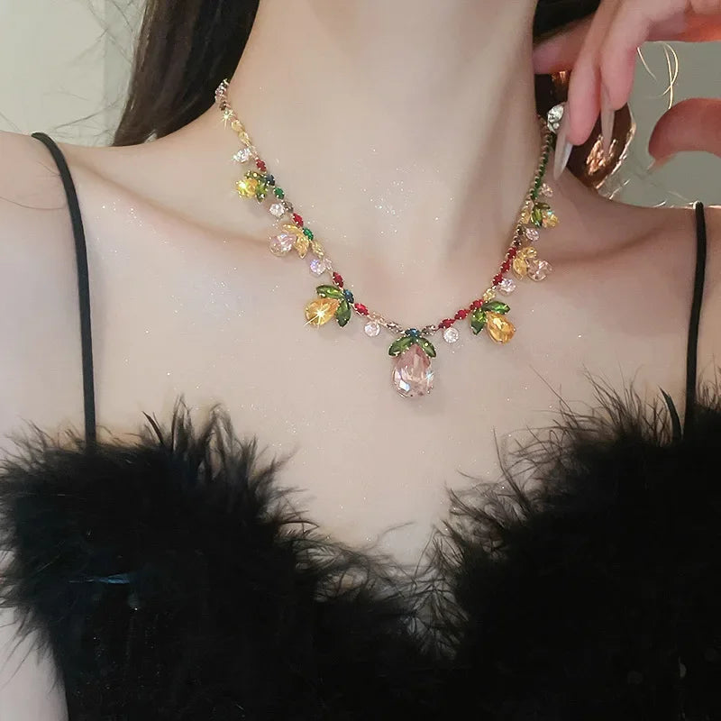 2 Pcs Color-block Water Drop Zircon Pendant Necklaces Set Party Retro Leaf Dangle Earrings Daity Banquet Gathering Anniversary H