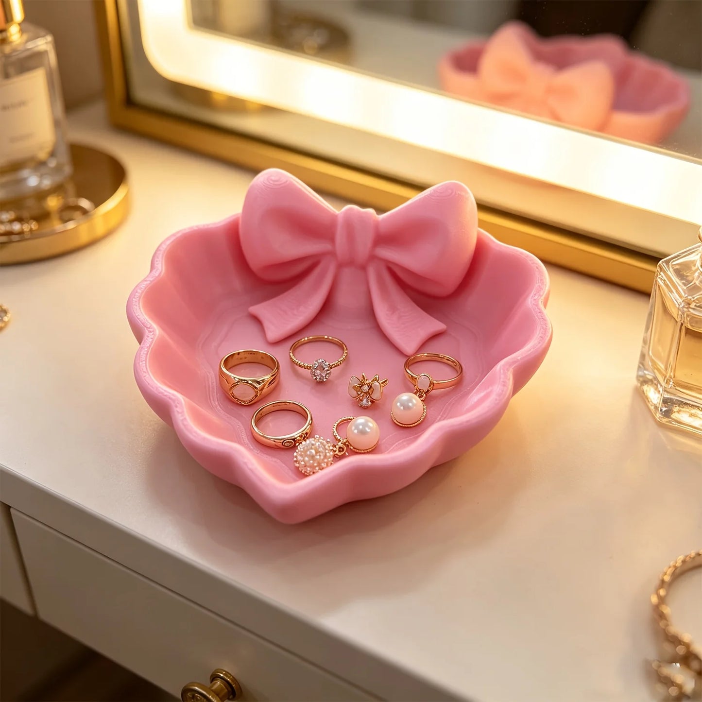 Cute Pink Bow Heart Jewelry Tray Desktop Trinket Organizer Decor Display Plate for Rings Earrings Small Accessories