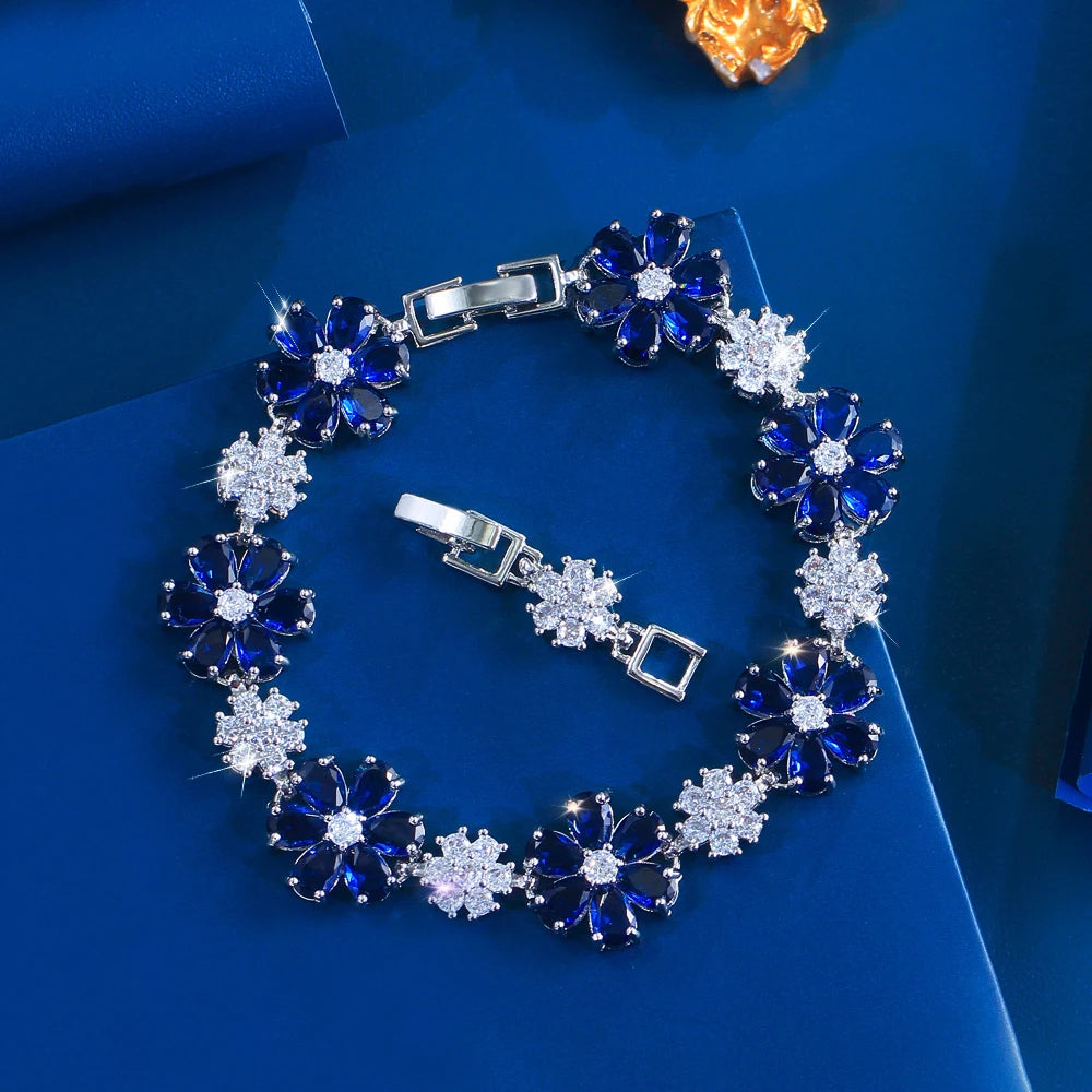 ThreeGraces Fashion Shiny Cubic Zirconia Blue Pink Flower Charms Designer Bridal Bracelet for Women Daily Party Jewelry B608