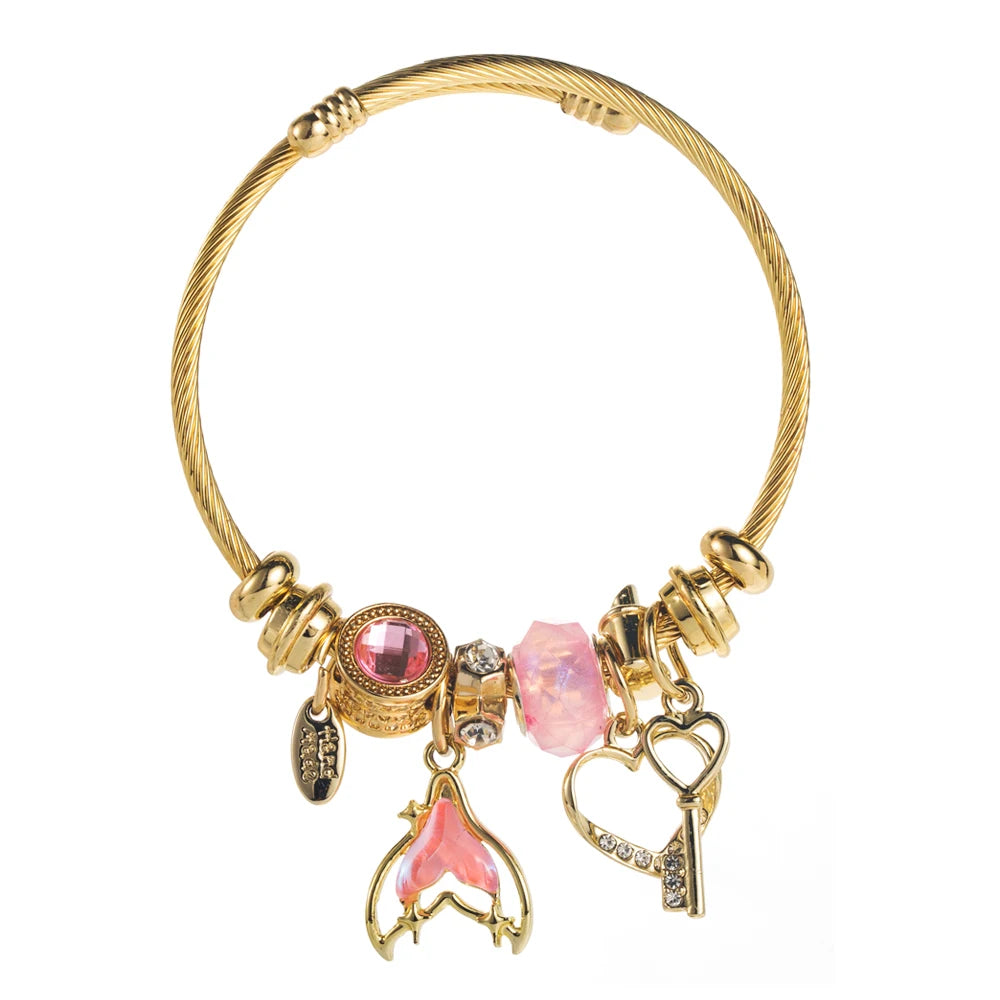 New DIY Pan Jia Duo La Bracelet with Diamond Fish Tail Heart Key Pendant Fairy Style Adjustable Couple Bracelet