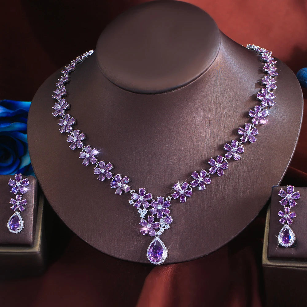 ThreeGraces Vintage Brilliant Pink Water Drop Zirconia Flower Shape Bridal Wedding Evening Party Jewelry Set for Women T1204