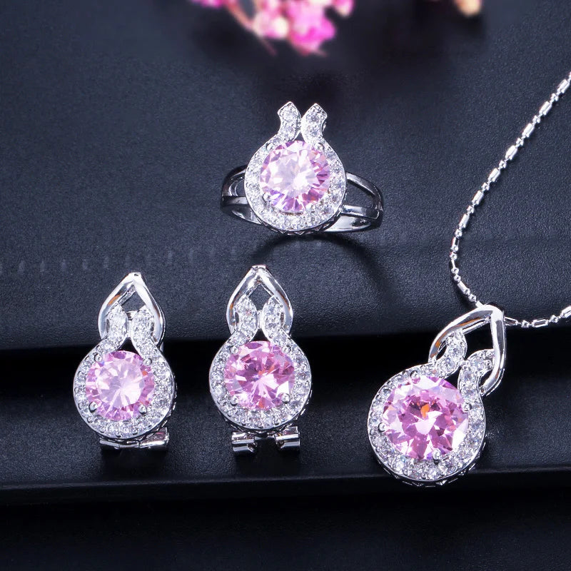 ThreeGraces 3pcs Fashion Shiny Pink Round Zirconia Wedding Party Pendant Necklace and Earrings Ring Jewelry Set for Women T1222