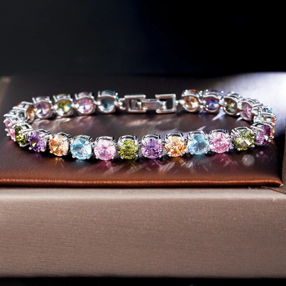ThreeGraces Shiny Multicolor Cubic Zirconia Fashion Round CZ Tennis Bracelet for Women New Trendy Daily Party Jewelry BR388
