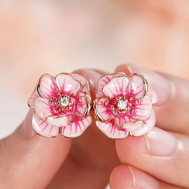 Huitan Aesthetic Women Stud Earrings Pink Flower Shaped Party Daily Lady Accessories Wedding Elegant Trendy Jewelry with CZ