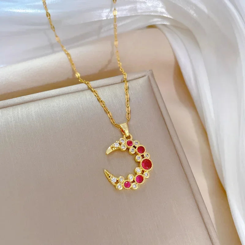316L Stainless Steel Bending Moon Pendant Necklace For Women Girl New Trend Gold Color Crystal Neck Chain Jewelry Gift