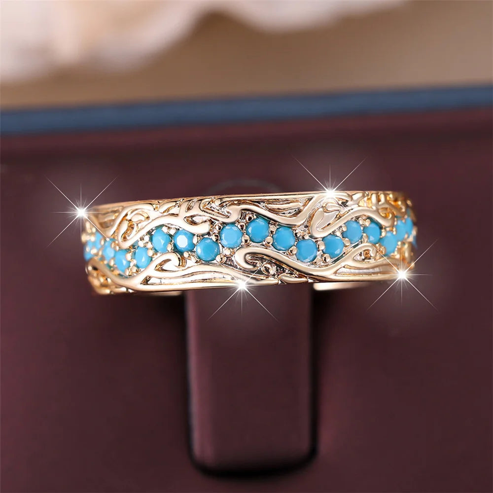 Cute Female Blue Round Stone Ring Novelty Gold Color Party Jewelry For Women