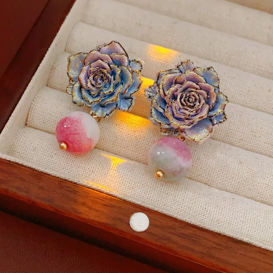 Rose Flower Glass Bead Earrings for Women 2025 Fashion French Retro Vintage Stud Earring High-end Luxury Designer Jewelry