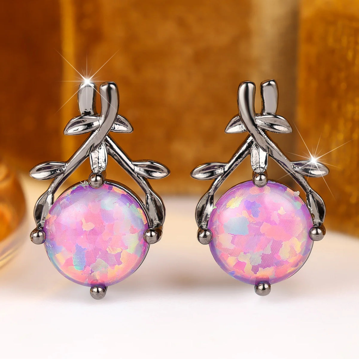 Charm Female Round Purple Opal Oval Trendy Stud Earrings Black Color Wedding Jewelry For Women