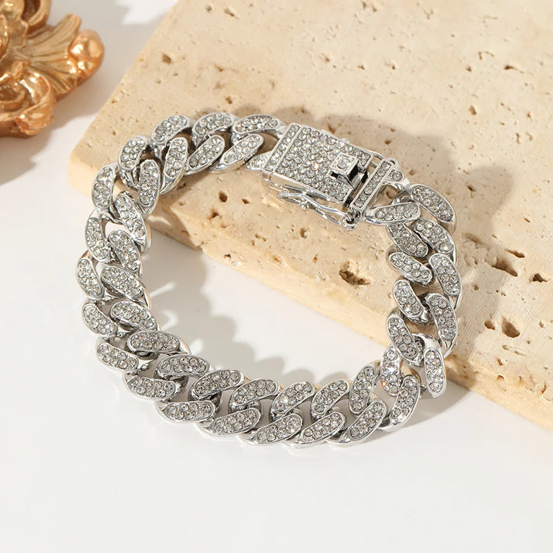 EILIECK Exquisite Geometric Thick Cuban Chain Necklace Bracelet Set Trendy Collar Punk Zirconia Collar Jewelry Women Men New