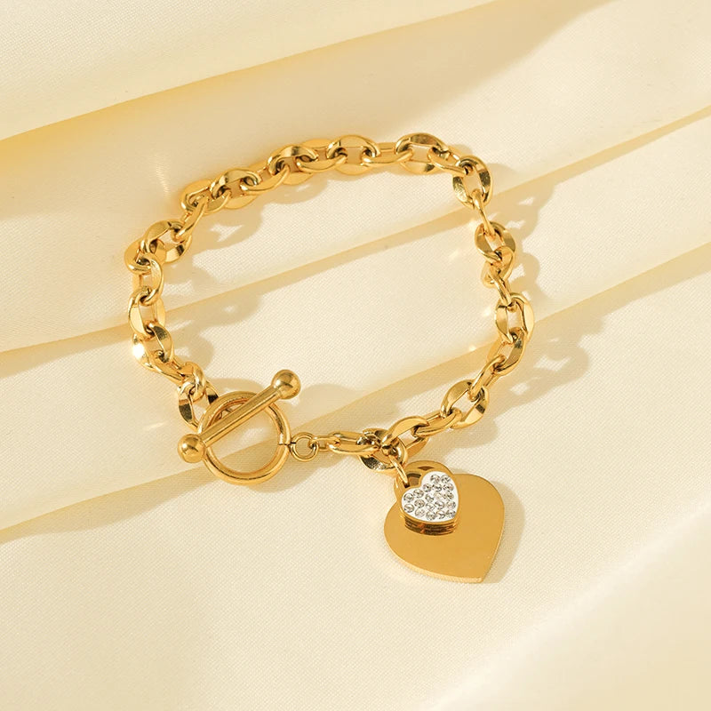 EILIECK 316L Stainless Steel Glossy Heart Charm Bracelet For Women Girl Trendy Wrist Chain 18K Gold Plated Jewelry Gift Bijoux
