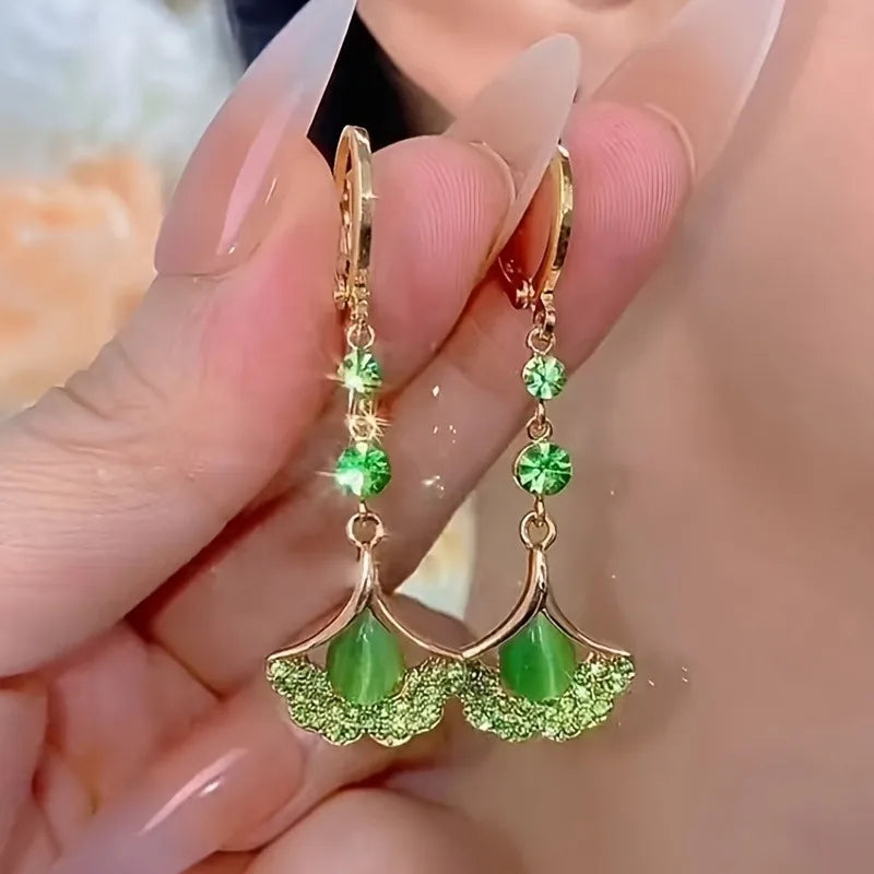 Exquisite Green Rhinestone Opal Tassel Earrings for Women Fashion Beautiful Daily Accessories Party Jewelry Gifts for Girlfriend