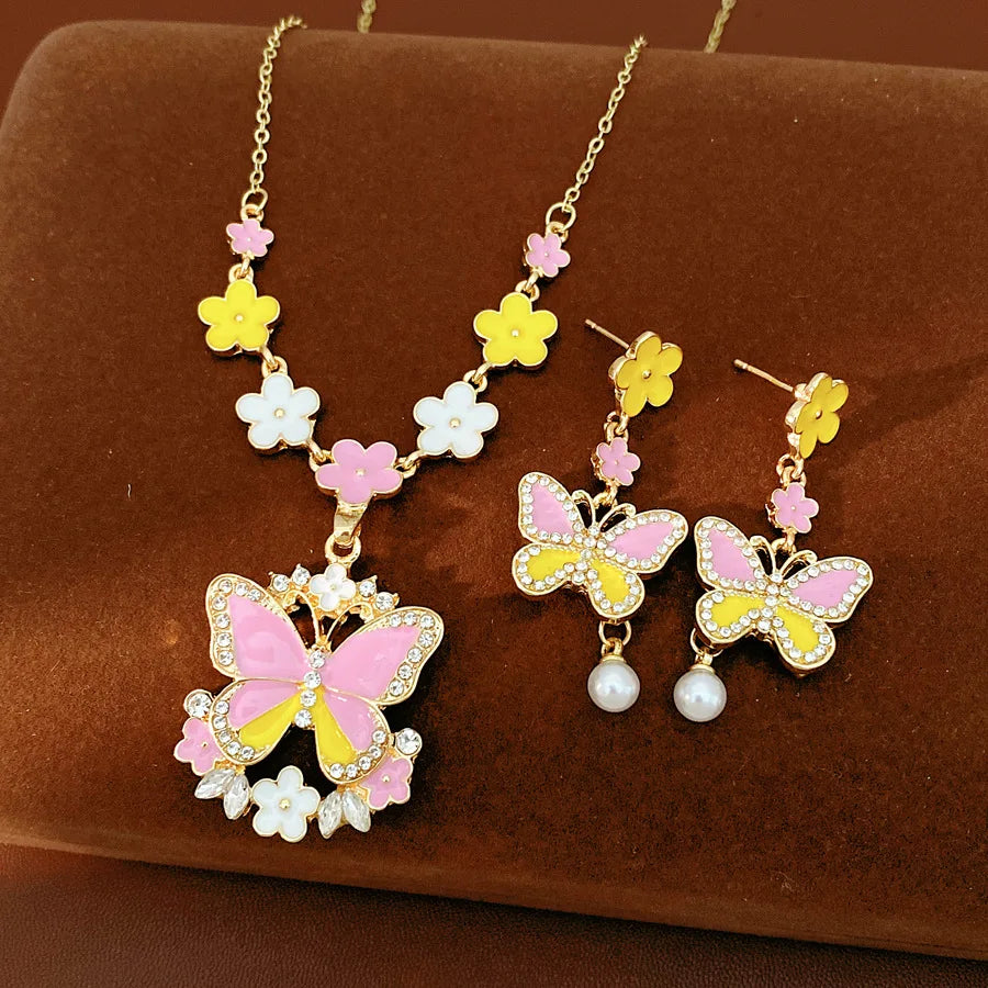 Pink Yellow Butterfly Flower Jewelry Set Sweet Enamel Necklace Drop Earrings Women's Fashion Party Banquet Accessories K