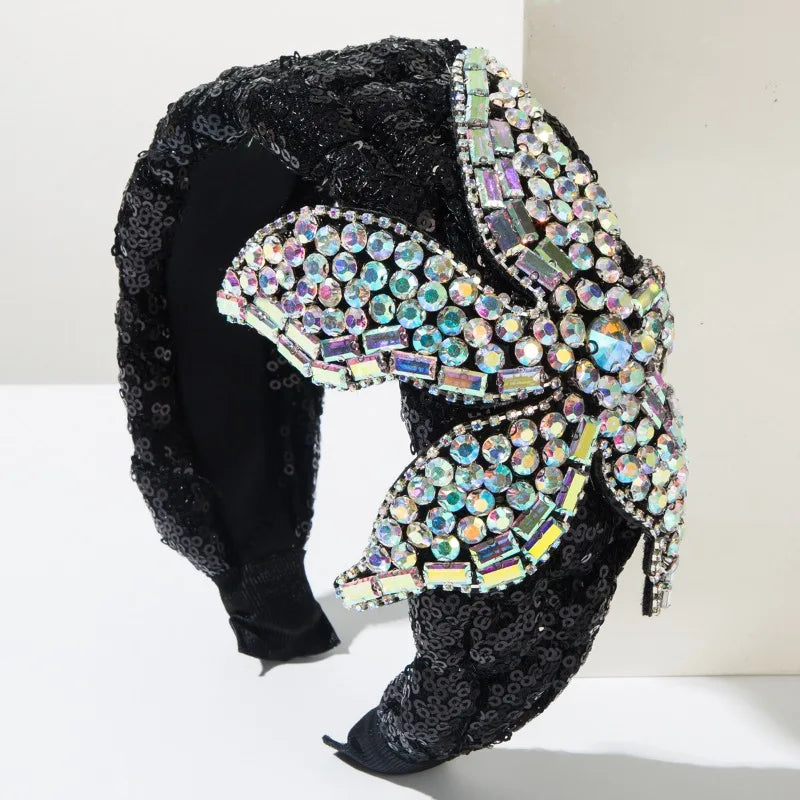 Vintage Rhinestone Sequin Velvet Wide Headband for Women Luxury Jeweled Flower Hair Hoop Elegant Bridal Hair Accessories