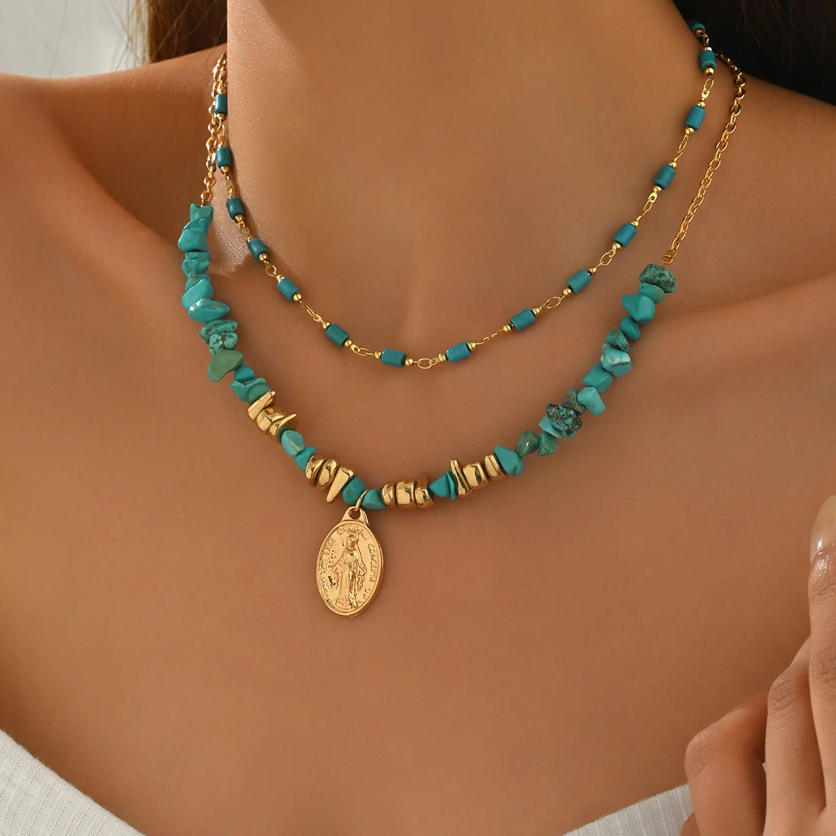 2Pcs Vintage Blue Natural Stone Beads Choker Necklaces for Women Bohemia Geometry Pendant Necklace Trendy Neck Jewelry