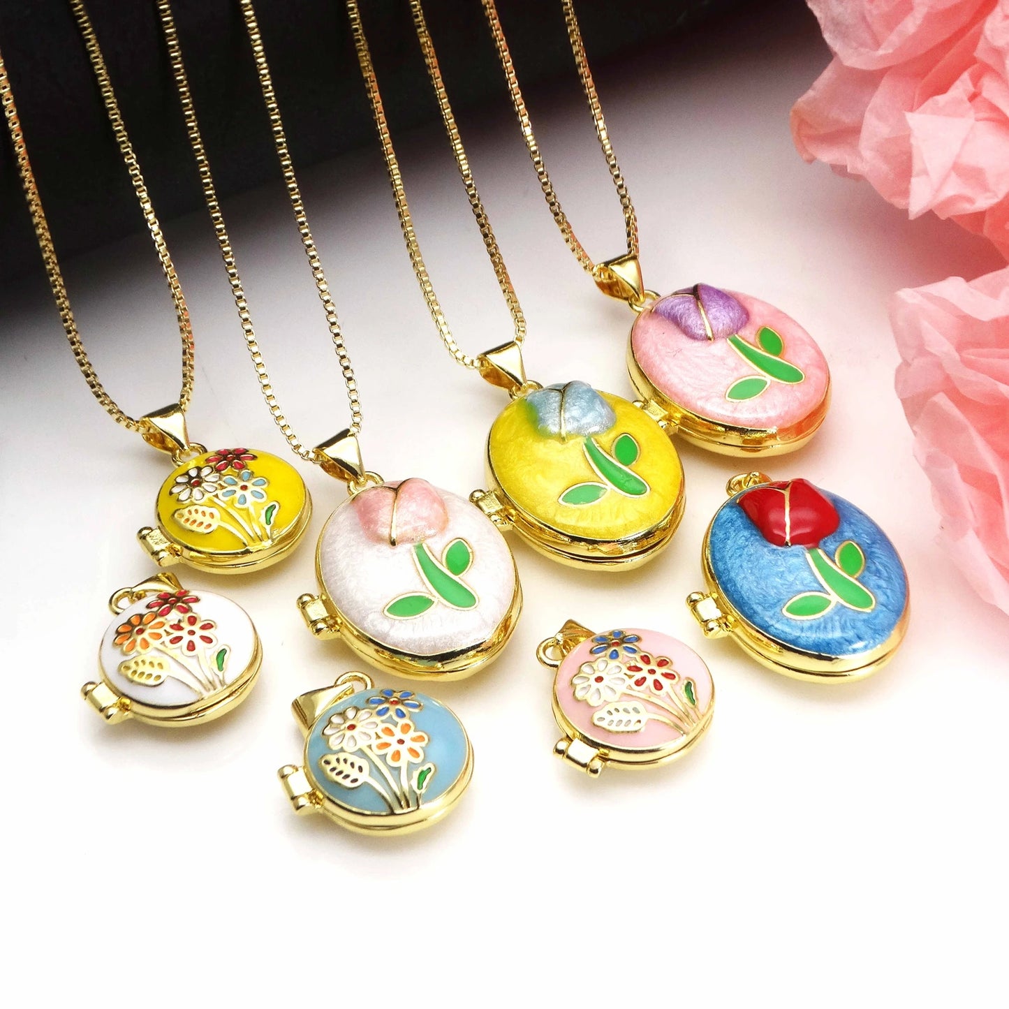 Micro Zircon oil drip photo box Pendant necklace Rose Flower pendant necklace copper chain jewelry necklace