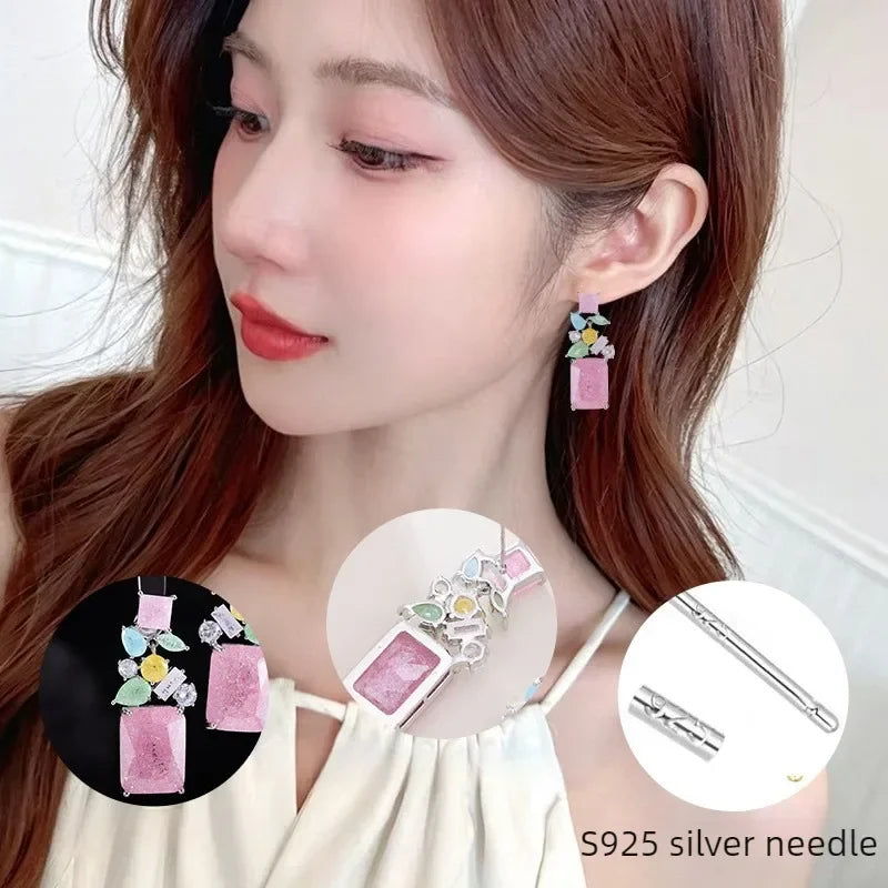 S925 Sterling Silver Colorful Ice Flower Zircon French Drop Earrings Geometric Fashion Jewelry for Women Girls Daily Wear Gift