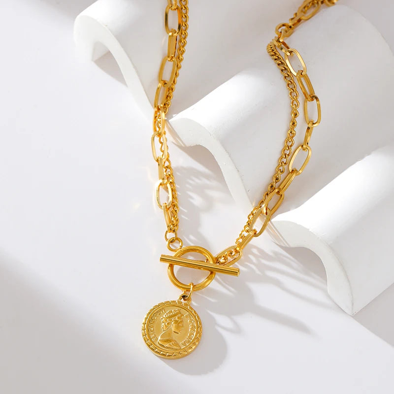 EILIECK 316L Stainless Steel Gold Color Portrait Coin Pendant Necklace For Women Fashion New Gift OT Buckle Neck Chain Jewelry