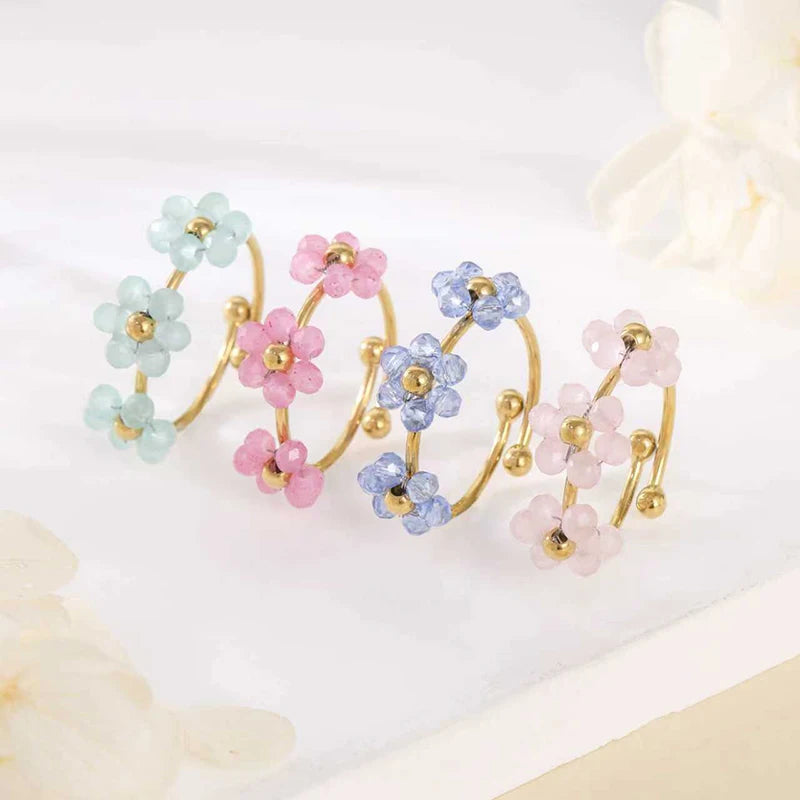 ANENJERY 316L Stainless Steel Colorful Beads Flowers Open Ring For Women French Niche Design Elegant Jewelry Gifts Wholesale