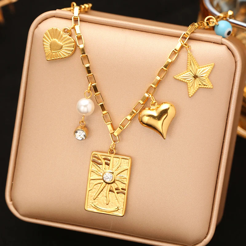 EILIECK 316L Stainless Steel Multiple Charms Pendant Necklace For Women Trendy 18K Gold PVD Plated Waterproof Neck Chain Jewelry