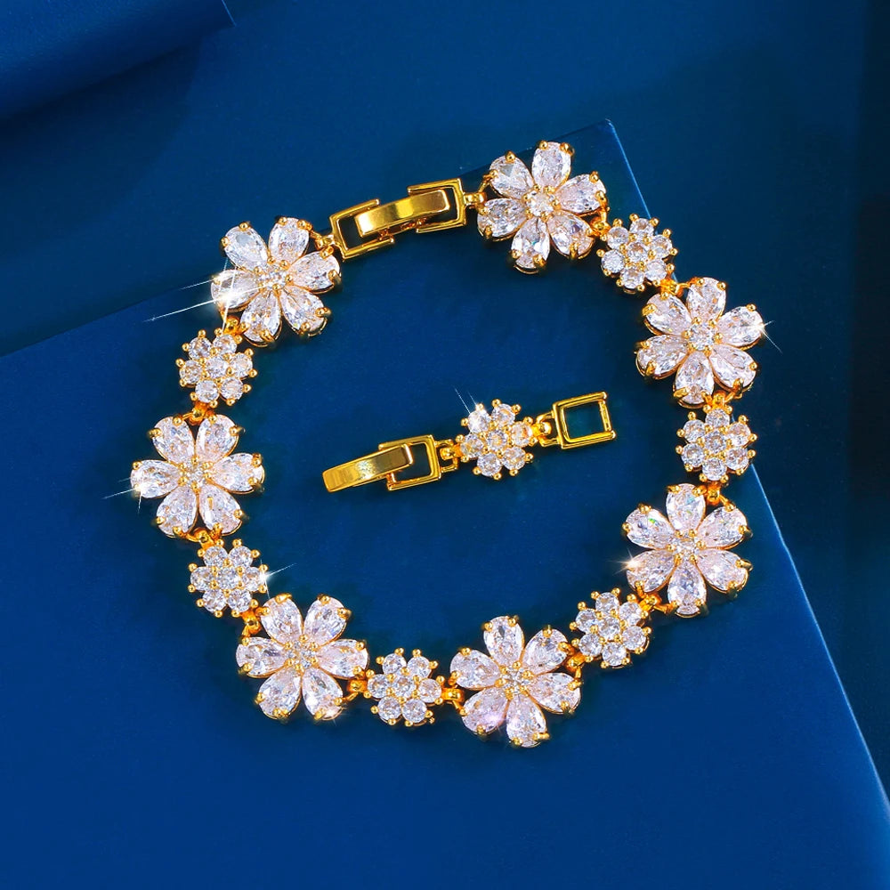 ThreeGraces Fashion Shiny Cubic Zirconia Blue Pink Flower Charms Designer Bridal Bracelet for Women Daily Party Jewelry B608