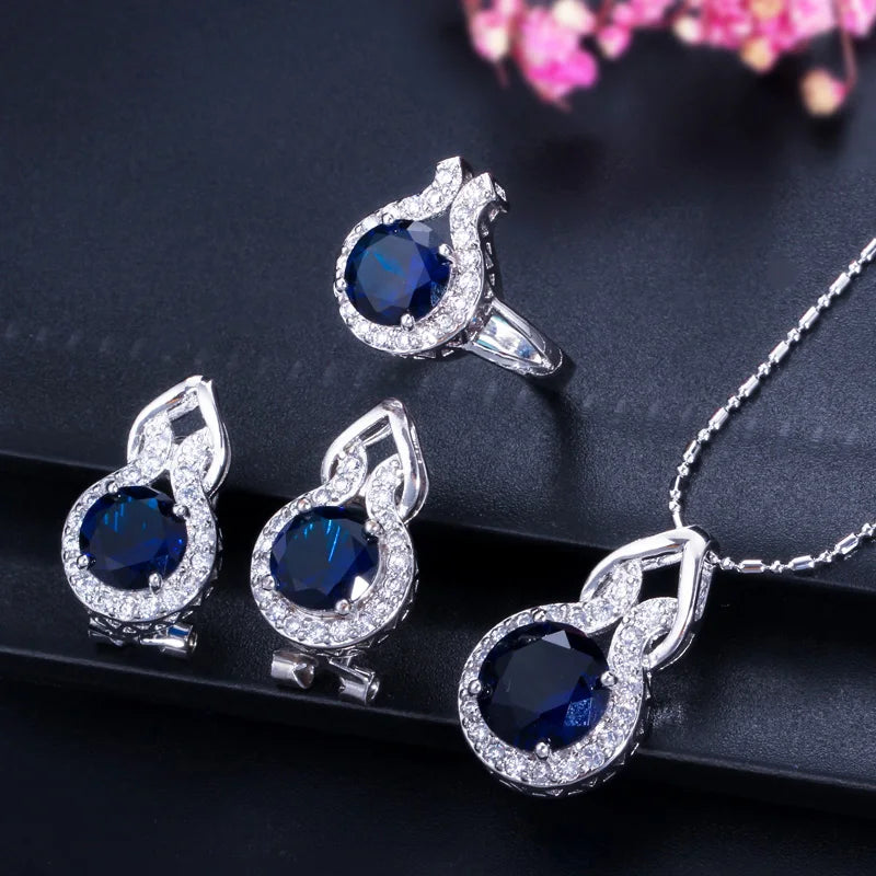 ThreeGraces 3pcs Fashion Shiny Pink Round Zirconia Wedding Party Pendant Necklace and Earrings Ring Jewelry Set for Women T1222
