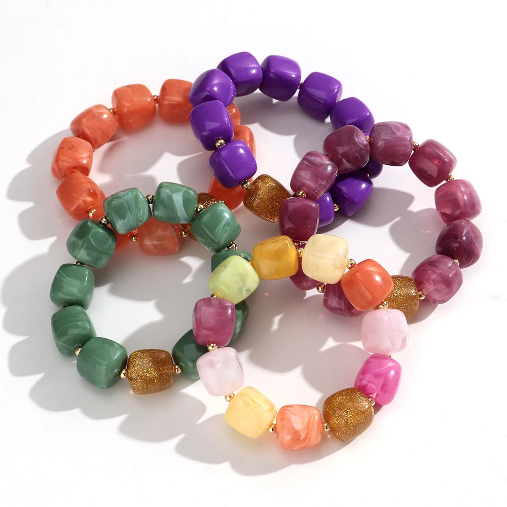 Trendy Resin Square Beaded Elastic Bracelets Colorful Geometric Beads Stretch Bangle Bracelet 2026 New Jewelry