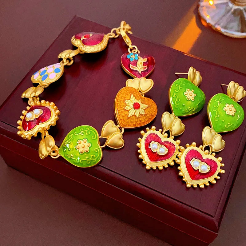 Vintage Bracelet Earrings Set for Women Drip Oil Love Flower Drop Earrings Light Luxury Jewelry Sets Wedding Party Gift