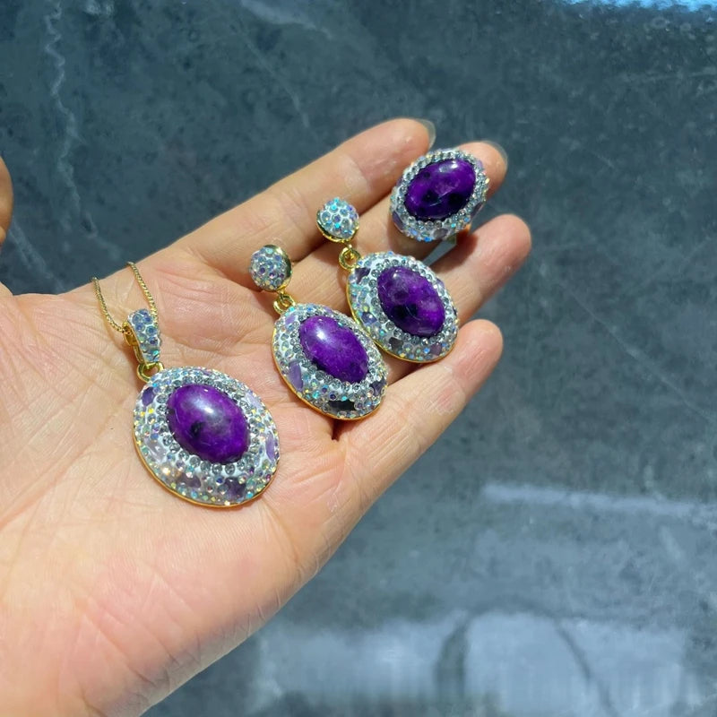 Oval Purple Agate Stone Jewelry Set for Women Handmade Amethyst Rhinestone Turkish Crystal Quartz Jewelry for Wedding Party Gift