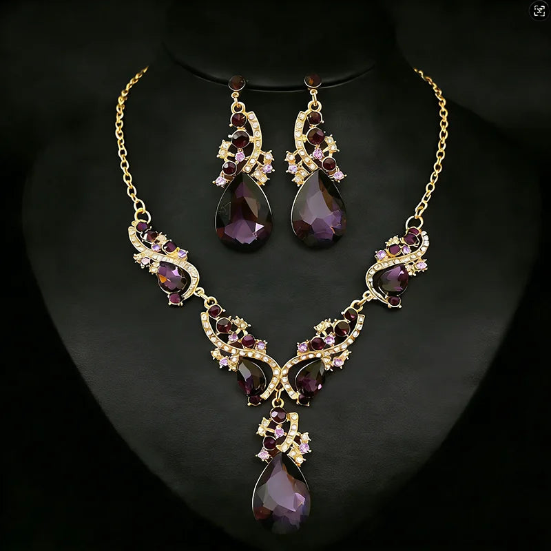 Purple Rhinestone Pendant Necklaces Drop Earrings Party Banquet Jewelry Set Vintage Water Drop Necklace Earrings Accessories H