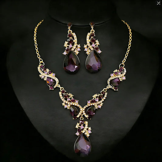 Purple Rhinestone Pendant Necklaces Drop Earrings Party Banquet Jewelry Set Vintage Water Drop Necklace Earrings Accessories H