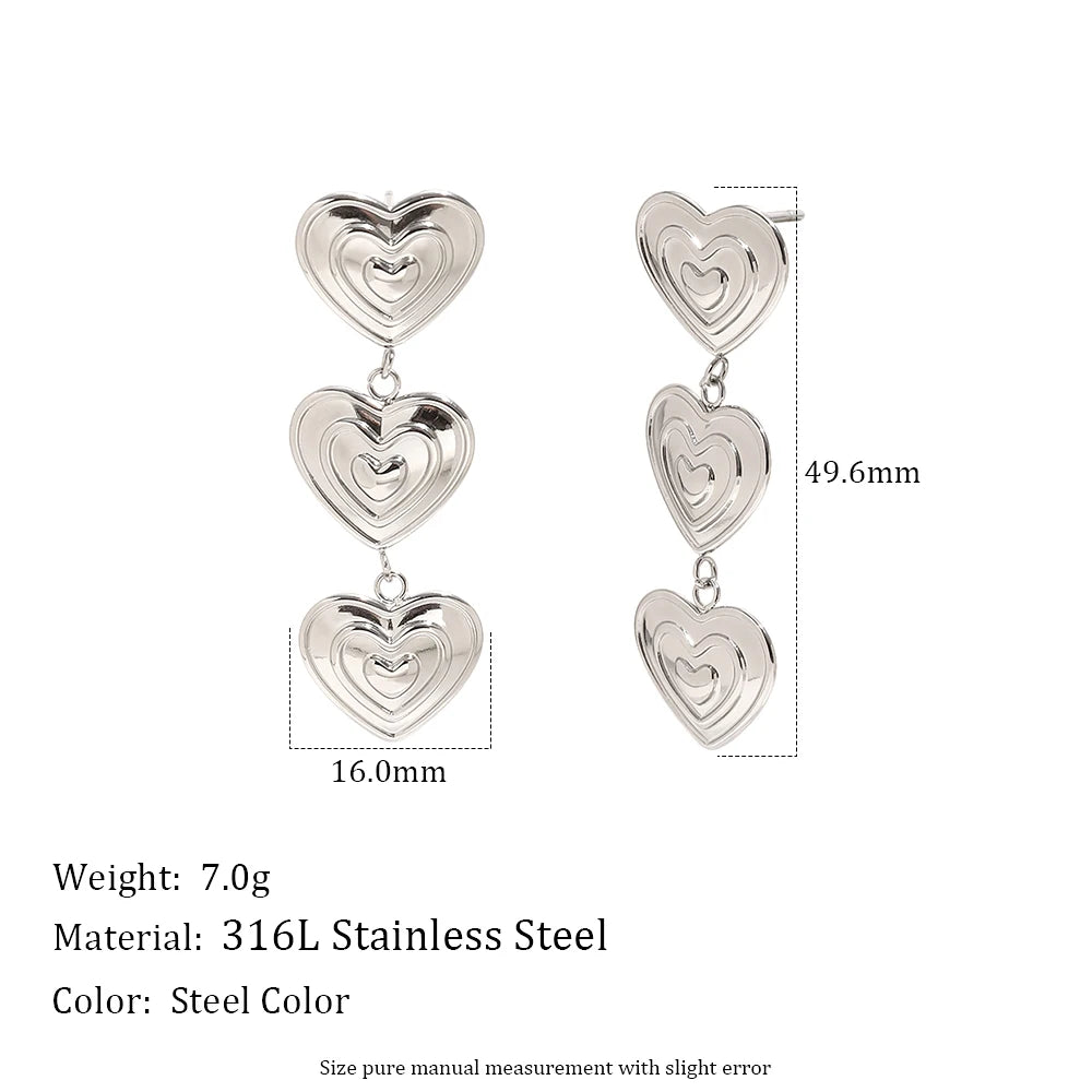 E.B.belle Modern Triple Heart Stud Earrings For Women 18K Gold Plated Waterproof Stainless Steel Earrings Fashion Ladies Jewelry