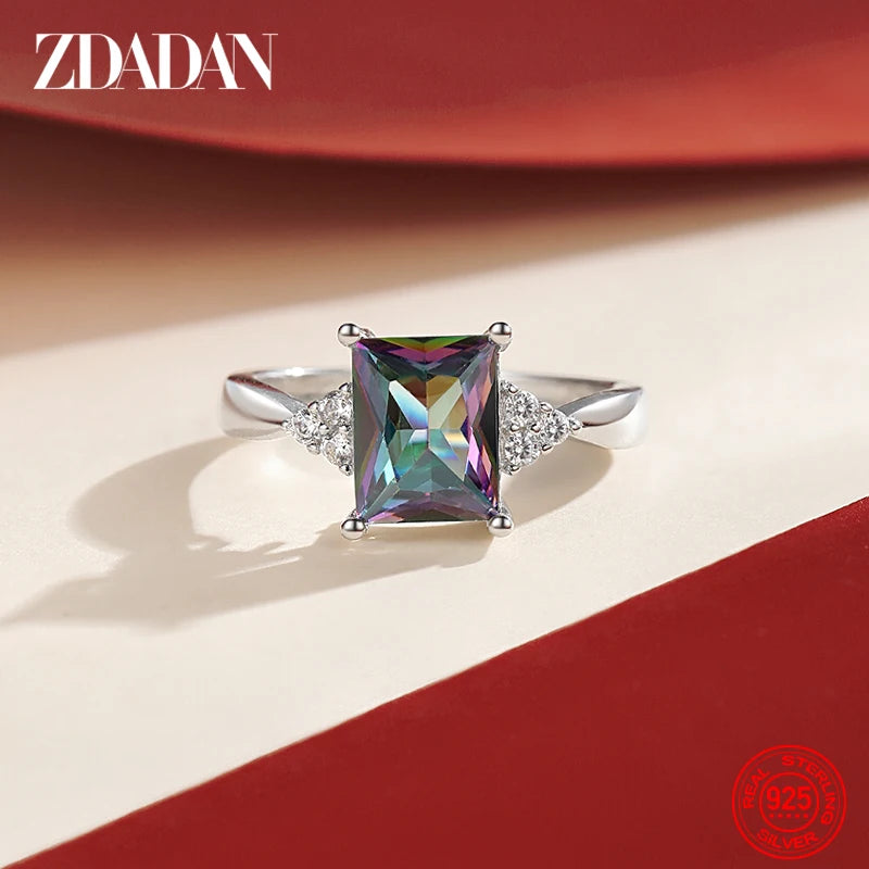 ZDADAN 925 Sterling Silver Square Aquamarine Ring For Women Fashion Wedding Jewelry