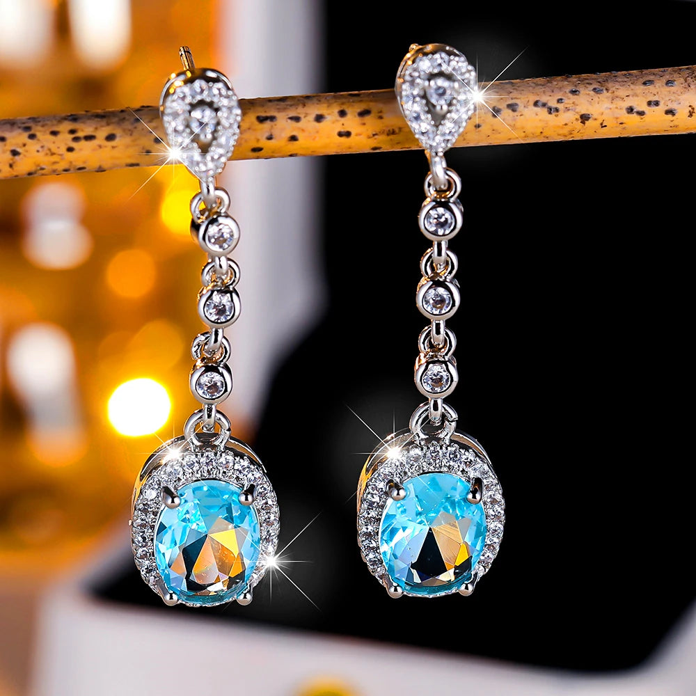 Elegant Female Light Blue Zircon Stone Drop Silver Color Earrings Cute Dangle Boho Long Wedding Jewelry For Women