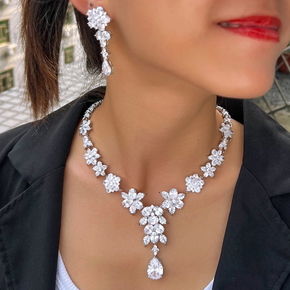 ThreeGraces Luxurious Shiny Water Drop Zirconia Long Flower Necklace Earrings Bridal Wedding Party Jewelry Set for Women T1028