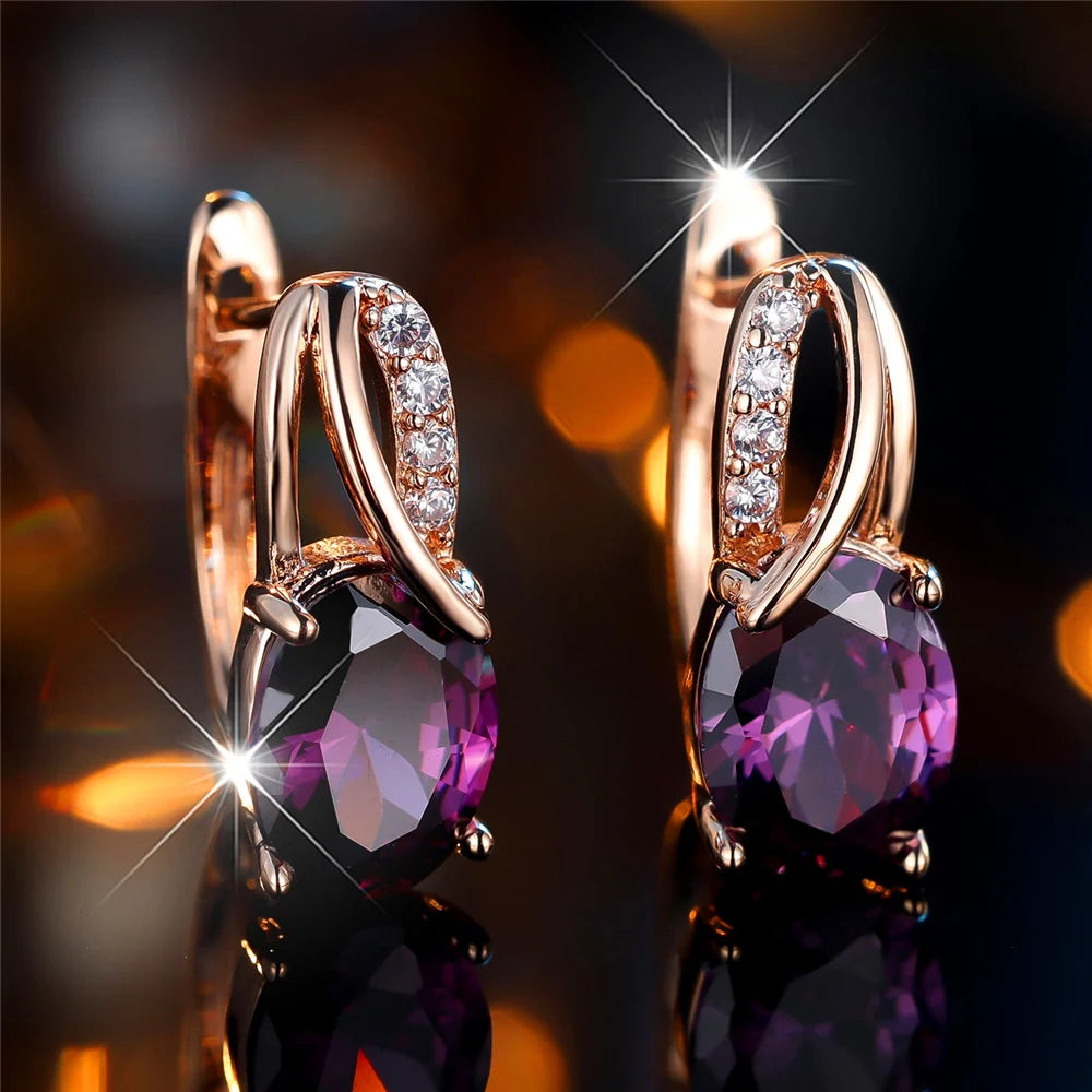 Luxury Female Purple Oval Zircon Stone Hoop Earrings Fashion Gold Color Wedding Jewelry For Women