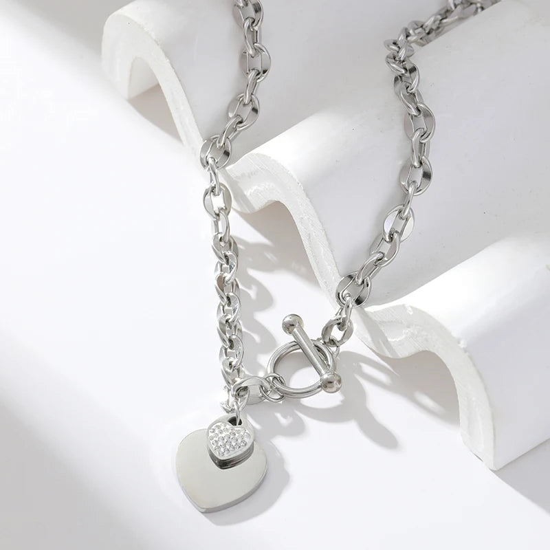 EILIECK New Fashion Stainless Steel Metal Double Heart Necklace Bracelet Set  For Women Waterproof Silver Color Jewelry Gift