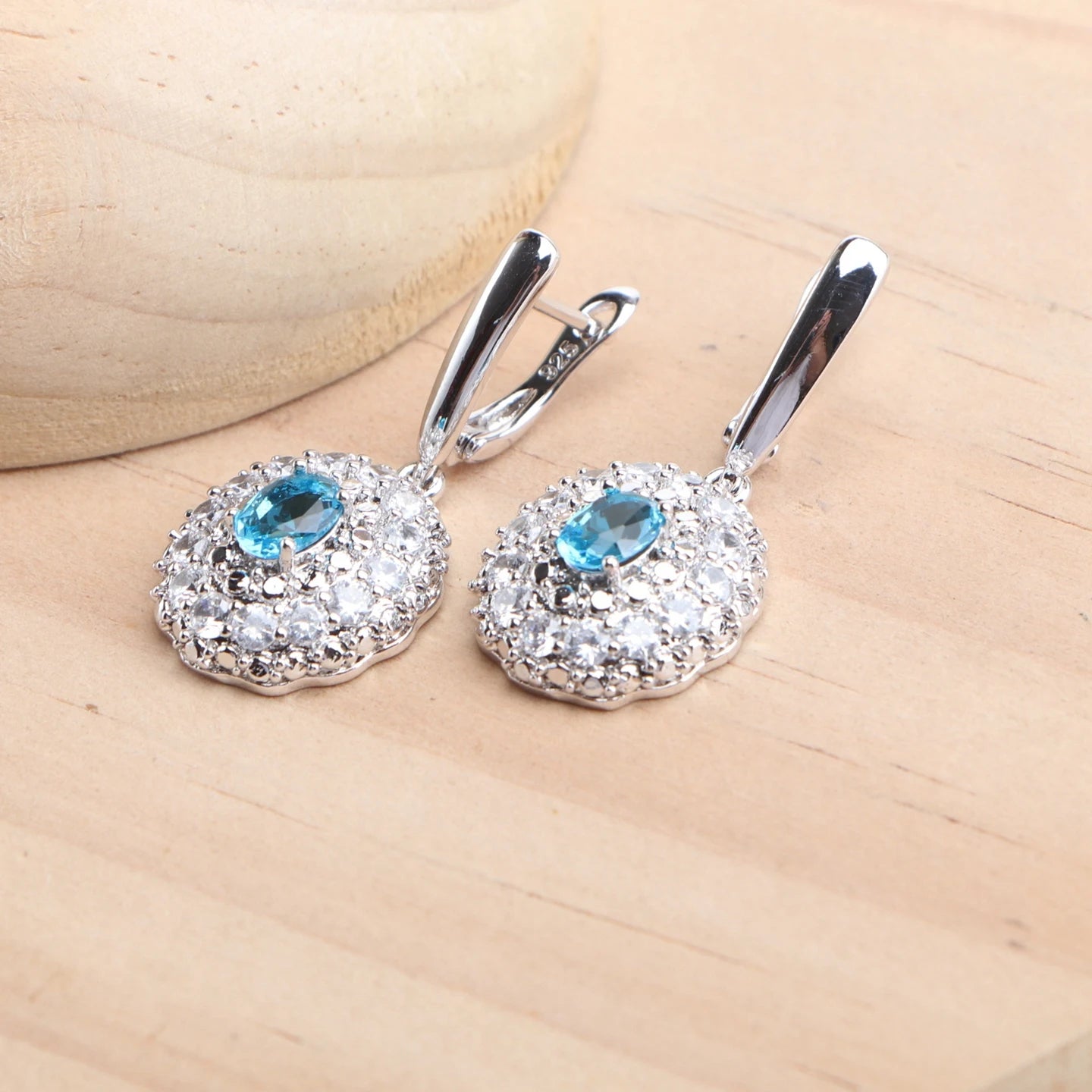 925 Silver Bridal Jewelry Sets Blue Zircon For Women Earrings Rings Pendant Wedding Necklace Set