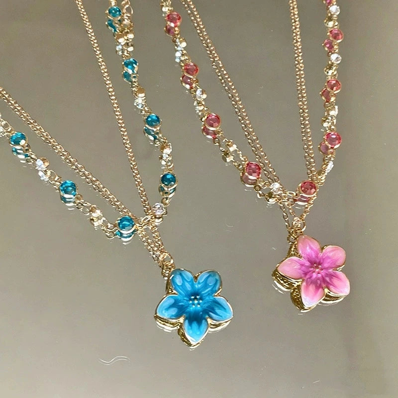 2Pcs/Set Pink Flower Pendant Crystal Gold Color Chain Stacking Choker Clavicle Chains Necklace Sets For Women Charm Neck Jewelry