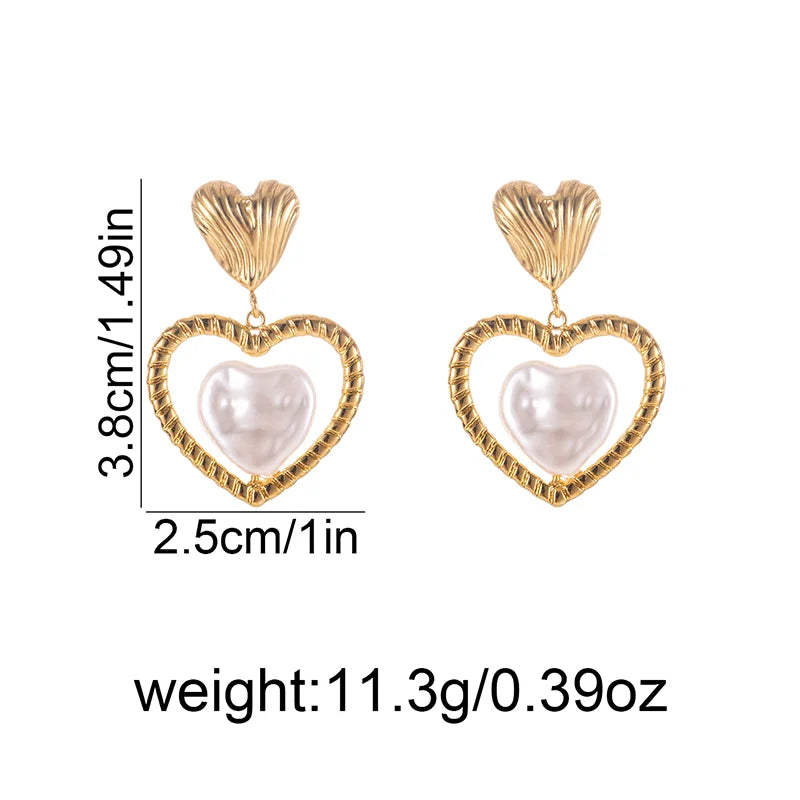 ANENJERY 316L Stainless Steel Imitation Pearls Hollow Heart Stud Earrings For Women French Vintage Luxury Niche Jewelry Gift