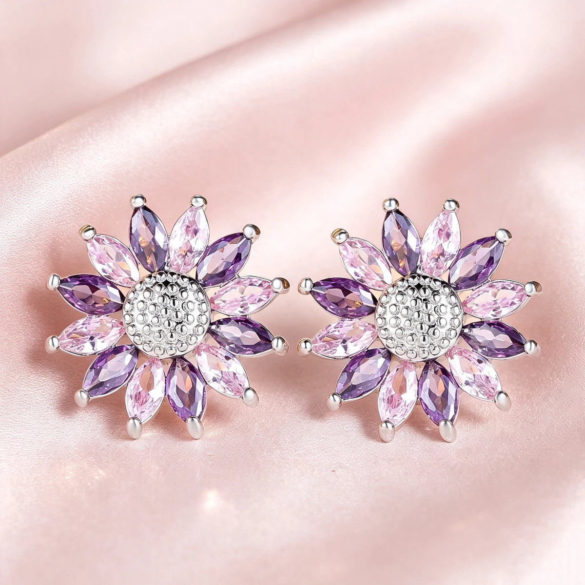 Small SunFlower Purple Zircon Stone Stud Earrings For Cute Women New Trendy Silver Color Birthstone Wedding Jewelry Bridal Gifts