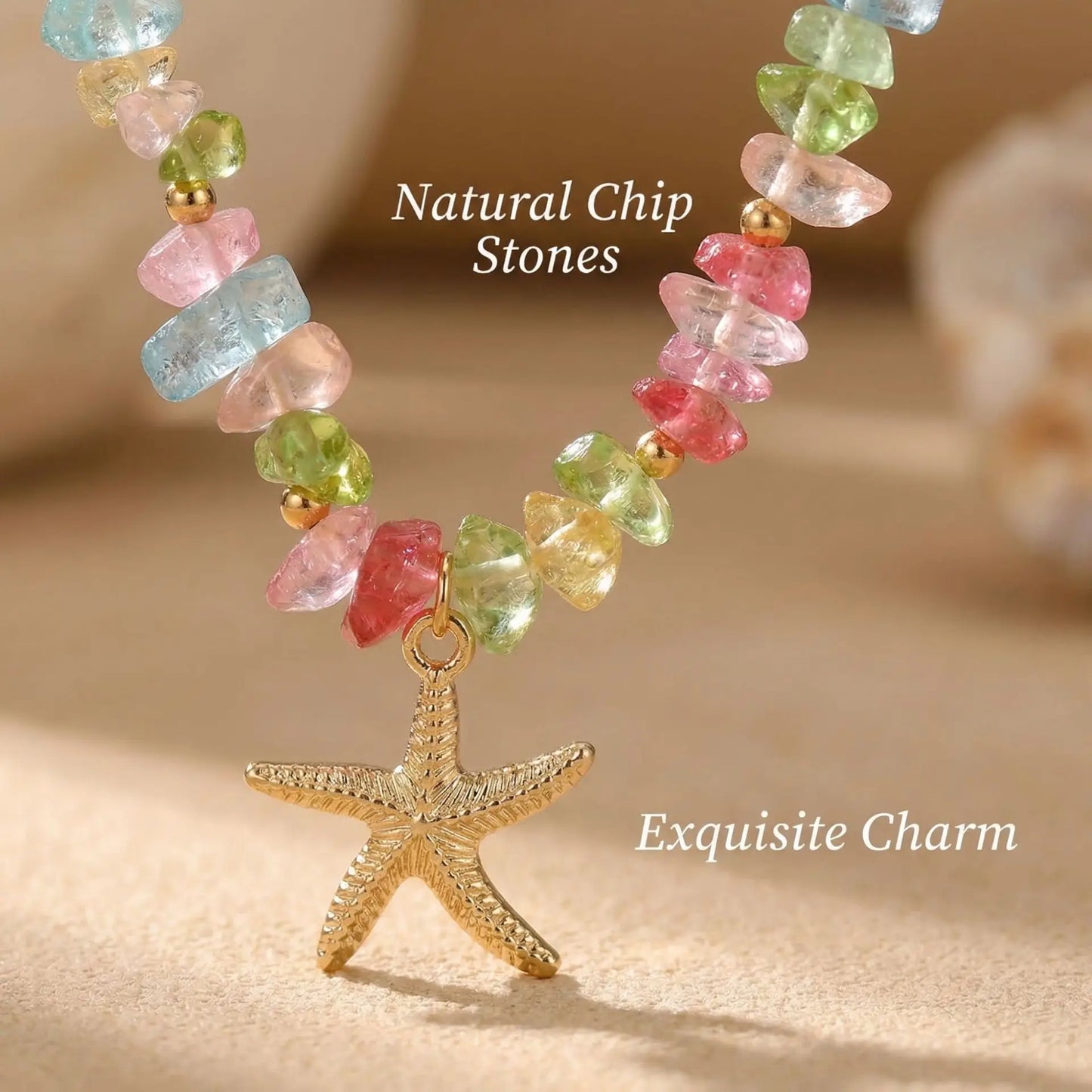 Boho Beach Vacation Starfish Necklace Set for Women Natural Chip Stone Beads Pink White Colorful Summer Y2K Trendy Fashion Jewel