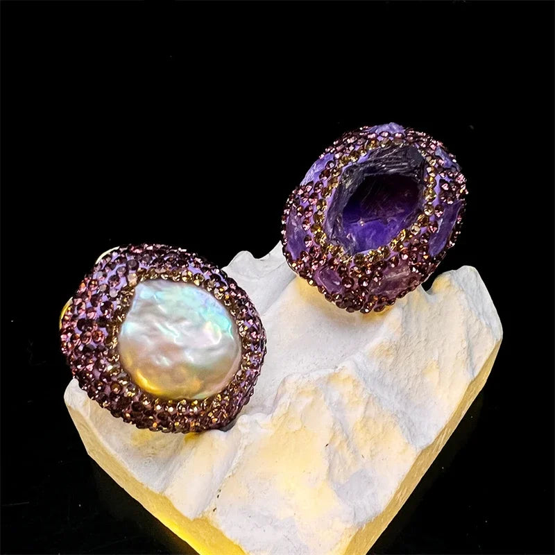Raw Amethyst Quartz Baroque Freshwater Pearl Bracelet Ring Dotted with Rhinestone Amethyst Original Crysta Love Guardian Jewelry