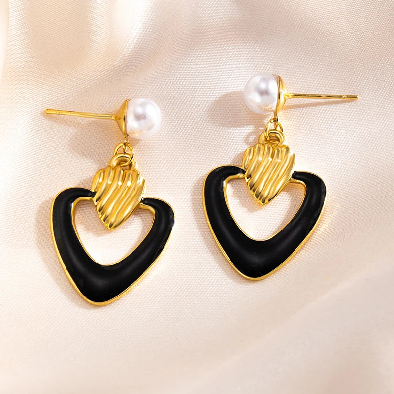 ANENJERY 316L Stainless Steel Hollow Heart Imitation Pearls Stud Earrings For Women Luxury Niche Temperament Simple Jewelry Gift