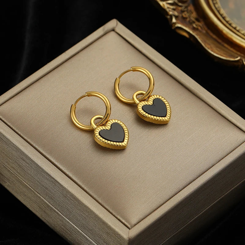 EILIECK 316L Stainless Steel Black White Double Heart Necklace Earrings Fashion Exquisite Waterproof Jewelry Set For Women Gift