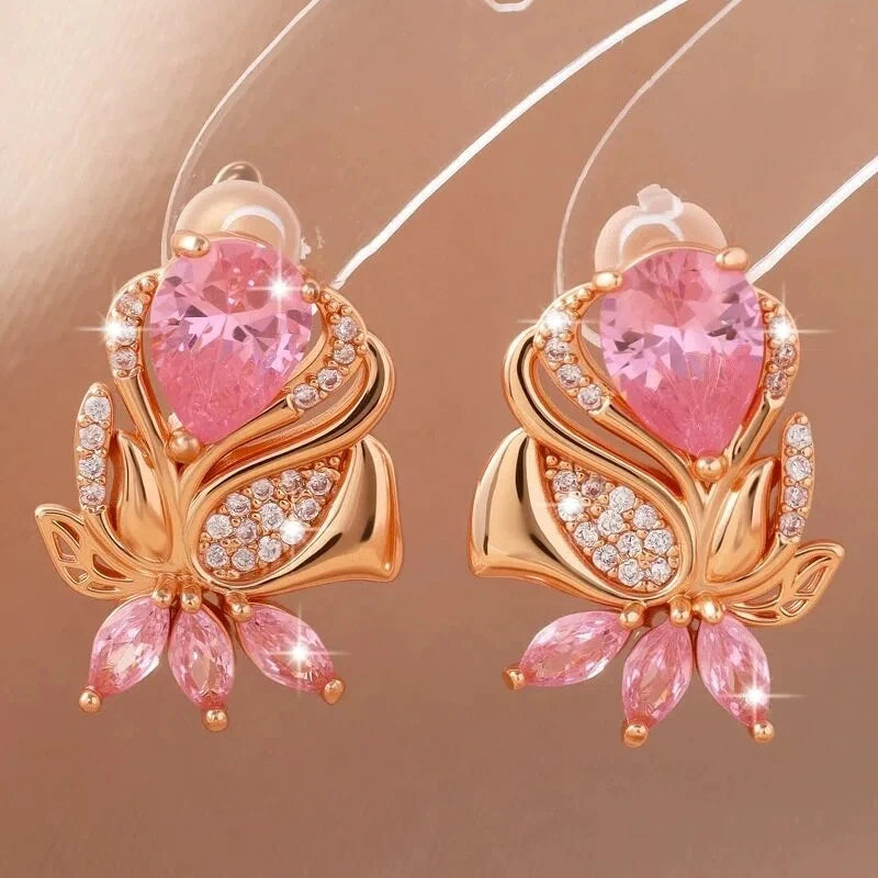 Luxury Female Pink Zircon Hoop Earrings For Women Gold Color Wedding Jewelry Daily Accessories Party Jewelry Gift for Girlfriend