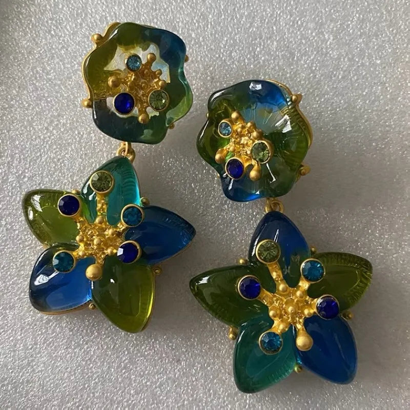 NISHIZAWA Gradient Crystal Earrings for Women Palace Style Vintage Flowers Aretes De Mujer Fashion Elegant Hyperbole Jewelry