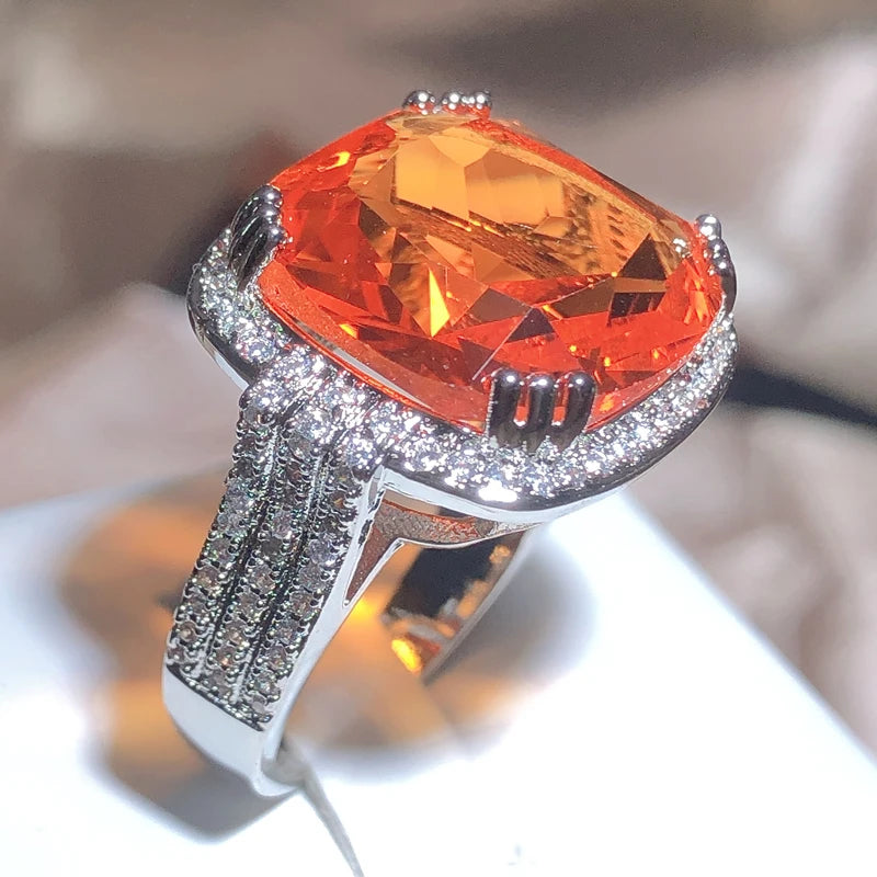 Square Large Orange Gem Ring Bohemian Style Wedding Ring For Women Micro-inlaid Zircon Ring Party Jewelry Engagement Ring