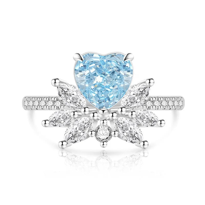 Light luxury 925sterling silver colorful gemstone ice flower ring for women,super sparkly high carbon diamond heart ring jewelry