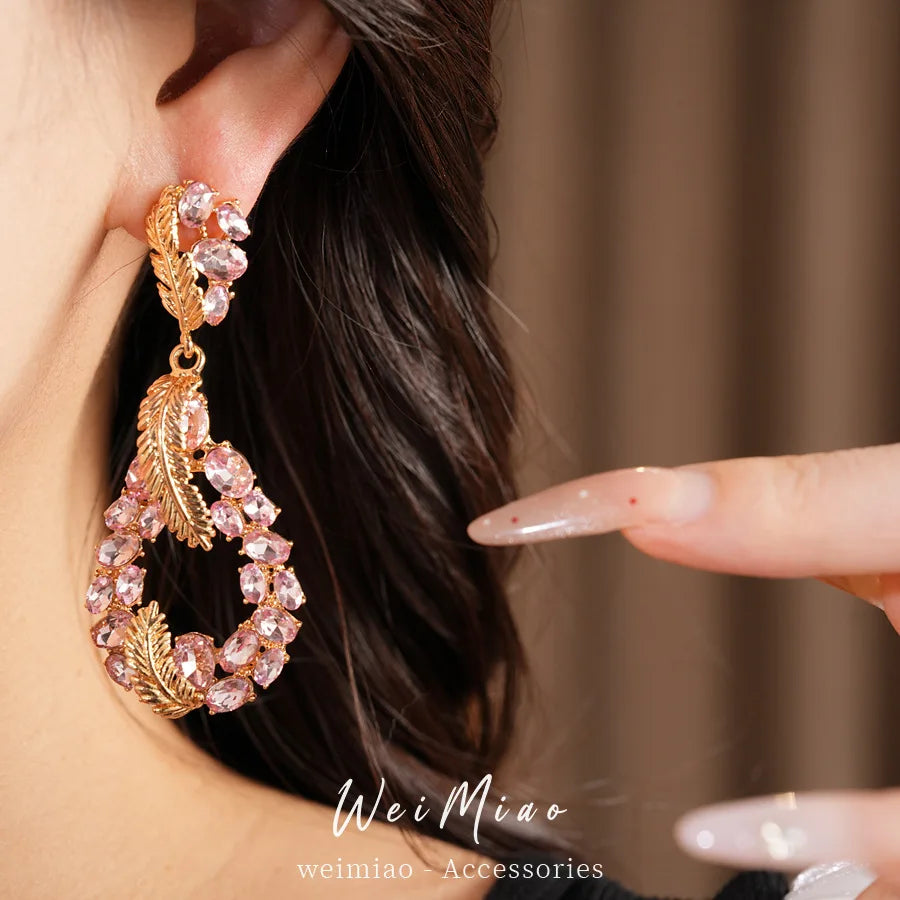 Vintage Rhinestone Inlaid Feather Drop Earrings Retro Style Light Luxury High Grade Elegant Exquisite Stud Ear Jewelry For Women